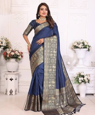Navy Blue Color Traditional Dola Silk Saree 5