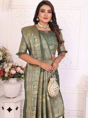 Olive Green Color Traditional Dola Silk Saree 1