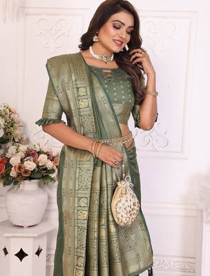 Olive Green Color Traditional Dola Silk Saree 2