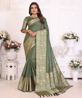 Olive Green Color Traditional Dola Silk Saree 4