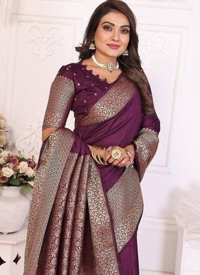 Dark Plum Color Traditional Dola Silk Saree 1