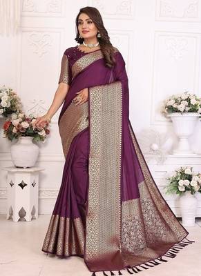 Dark Plum Color Traditional Dola Silk Saree 5