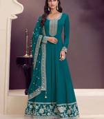 Teal anarkali style semi stitched party wear gown