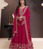 Red anarkali style semi stitched party wear gown