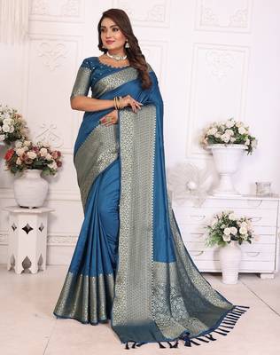 Blue Color Traditional Dola Silk Saree 4