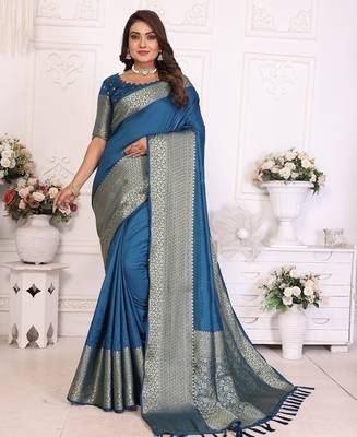 Blue Color Traditional Dola Silk Saree 5