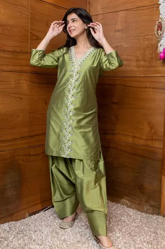 Olive green floral embroidered co-ord set