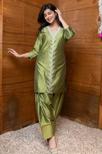 Olive green floral embroidered co-ord set
