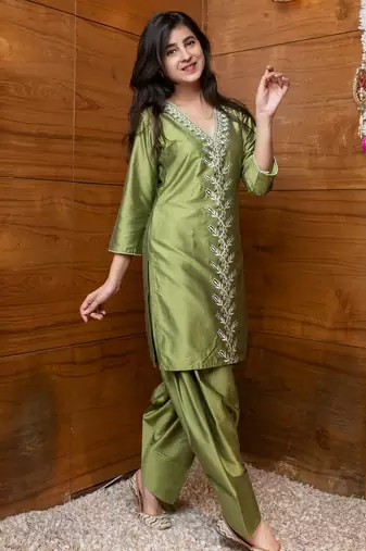 Olive green floral embroidered co-ord set