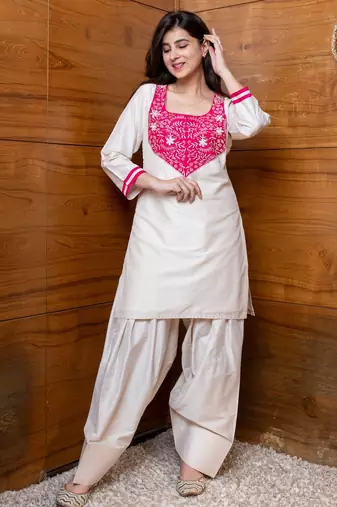 Cream & pink embroidered co-ord set