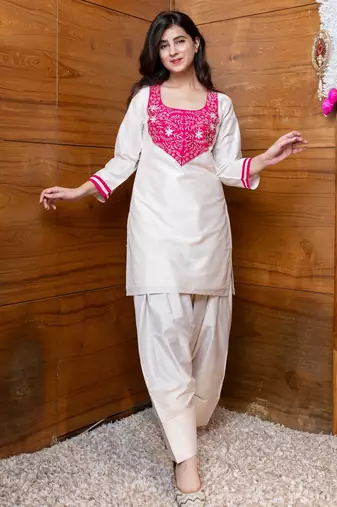 Cream & pink embroidered co-ord set