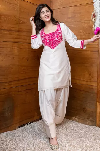 Cream & pink embroidered co-ord set
