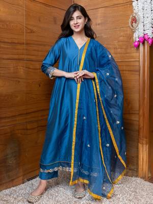 Blue & mustard embroidered suit set 1