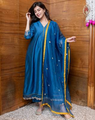Blue & mustard embroidered suit set 2