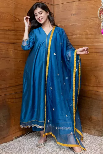 Blue & mustard embroidered suit set