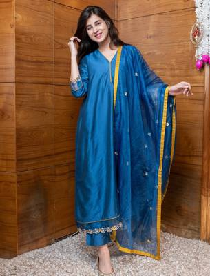 Blue & mustard embroidered suit set 3