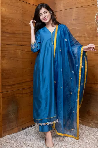 Blue & mustard embroidered suit set