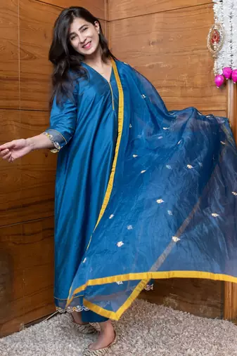 Blue & mustard embroidered suit set