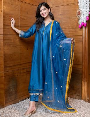 Blue & mustard embroidered suit set 5