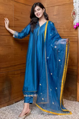 Blue & mustard embroidered suit set