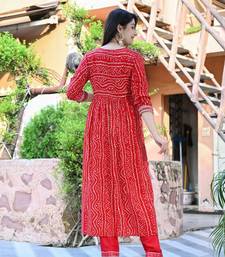 Red women embroidered bandhani printed aline kurta pant with dupatta set