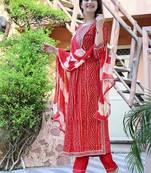 Red women embroidered bandhani printed aline kurta pant with dupatta set