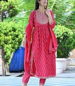 Red women embroidered bandhani printed aline kurta pant with dupatta set