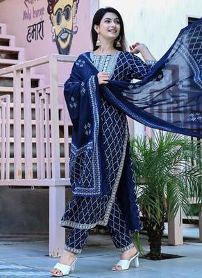 Navy blue women embroidered bandhani printed aline kurta pant with dupatta set 1