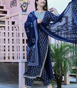 Navy blue women embroidered bandhani printed aline kurta pant with dupatta set