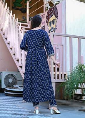 Navy blue women embroidered bandhani printed aline kurta pant with dupatta set 2