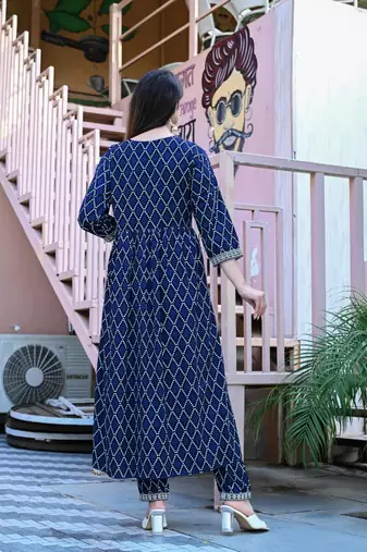 Navy blue women embroidered bandhani printed aline kurta pant with dupatta set