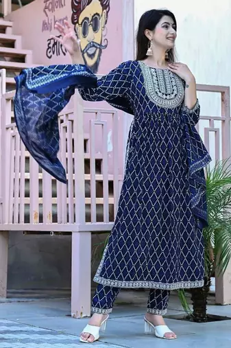 Navy blue women embroidered bandhani printed aline kurta pant with dupatta set
