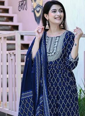 Navy blue women embroidered bandhani printed aline kurta pant with dupatta set 4