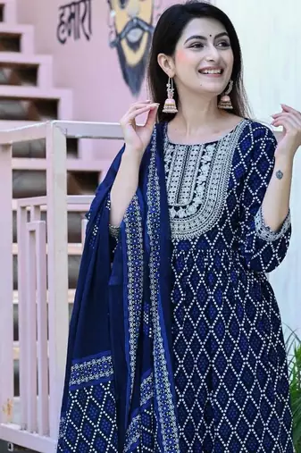 Navy blue women embroidered bandhani printed aline kurta pant with dupatta set