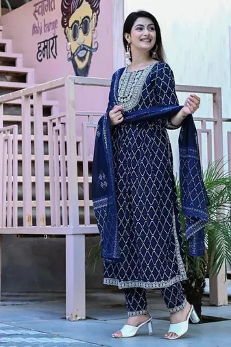 Navy blue women embroidered bandhani printed aline kurta pant with dupatta set