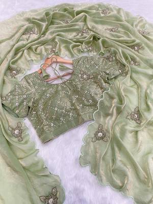 Pista green heavy fendy satin with embroidered beads work saree with unstitched blouse 1