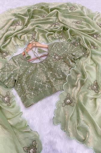 Pista green heavy fendy satin with embroidered beads work saree with unstitched blouse