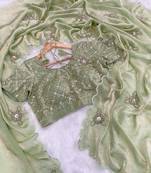 Pista green heavy fendy satin with embroidered beads work saree with unstitched blouse