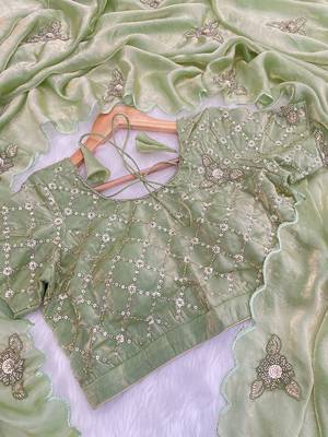 Pista green heavy fendy satin with embroidered beads work saree with unstitched blouse 2