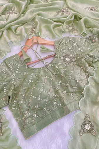 Pista green heavy fendy satin with embroidered beads work saree with unstitched blouse