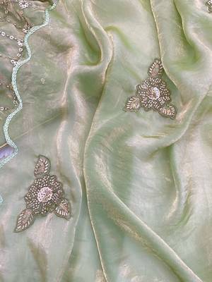 Pista green heavy fendy satin with embroidered beads work saree with unstitched blouse 3