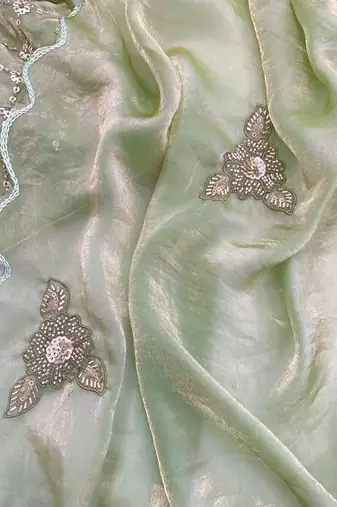 Pista green heavy fendy satin with embroidered beads work saree with unstitched blouse