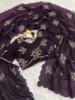 Wine heavy fendy satin with embroidered beads work saree with unstitched blouse 1