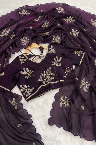 Wine heavy fendy satin with embroidered beads work saree with unstitched blouse