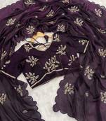 Wine heavy fendy satin with embroidered beads work saree with unstitched blouse