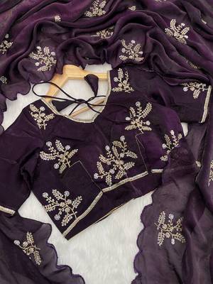Wine heavy fendy satin with embroidered beads work saree with unstitched blouse 2