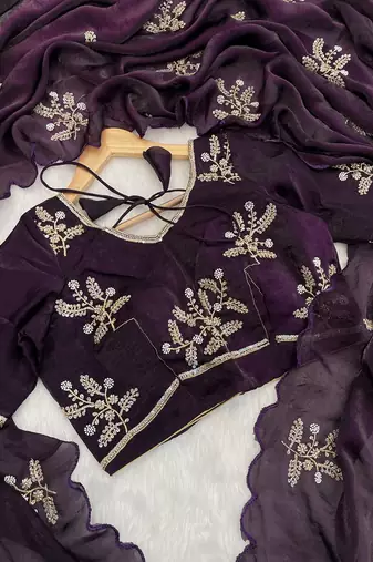 Wine heavy fendy satin with embroidered beads work saree with unstitched blouse