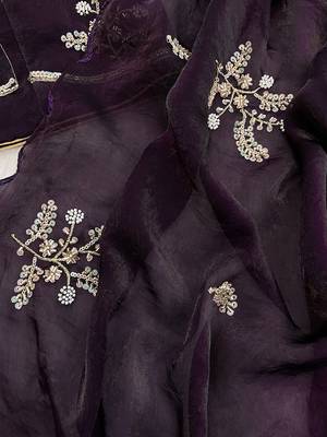 Wine heavy fendy satin with embroidered beads work saree with unstitched blouse 3