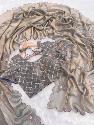 Grey heavy fendy satin with embroidered beads work saree with unstitched blouse 1