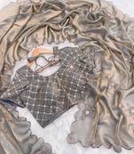 Grey  heavy fendy satin with embroidered beads work saree with unstitched blouse